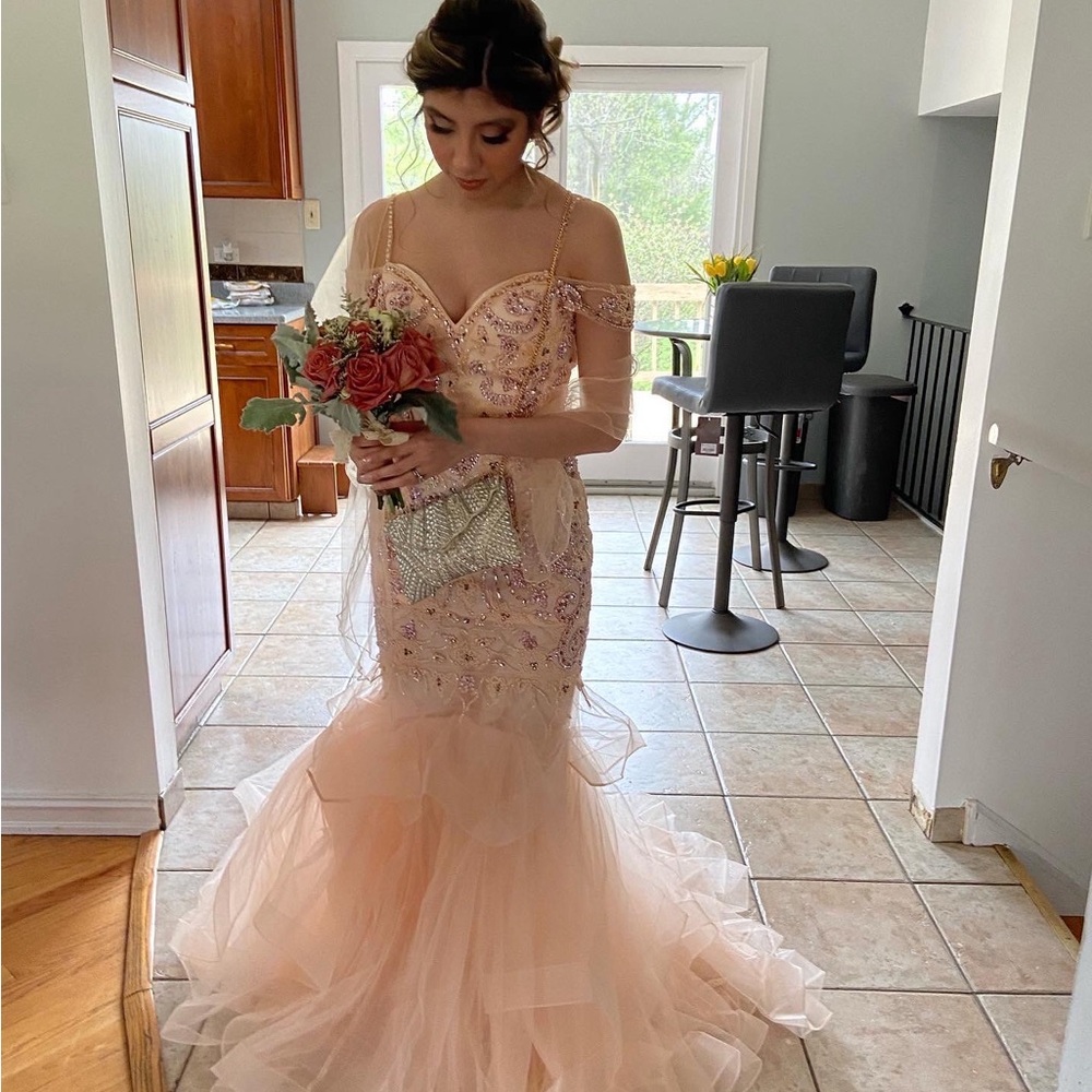 Elegant Peach Beaded Prom Dress